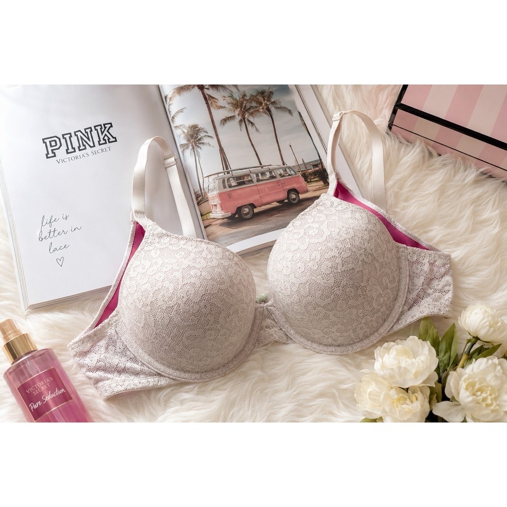 PINK Victoria Secret 36DD Ivory Floral Lace Underwire Bra Lightly Lined W/pink